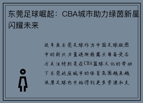 东莞足球崛起：CBA城市助力绿茵新星闪耀未来