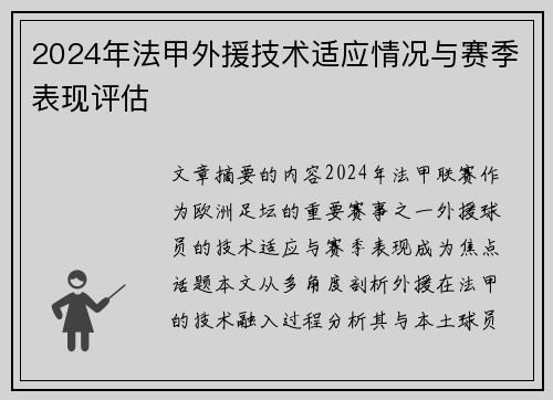 2024年法甲外援技术适应情况与赛季表现评估